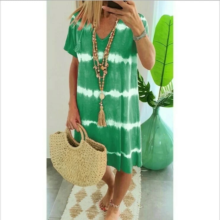 ChillAura | Tie-Dye Striped Loose Summer Dress – Green / S