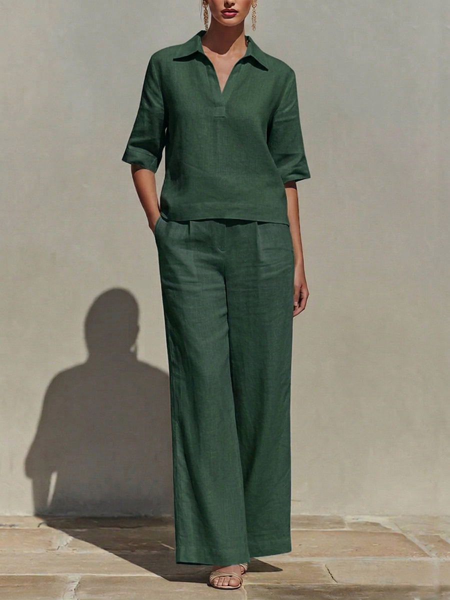 LinenLuxe – Women’s Solid Cotton Linen Two-Piece Set – Green / XS