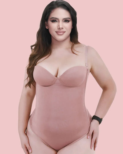 CurveLuxe – Back Lace-Up Seamless Thong Bodysuit – RosyBrown / XS