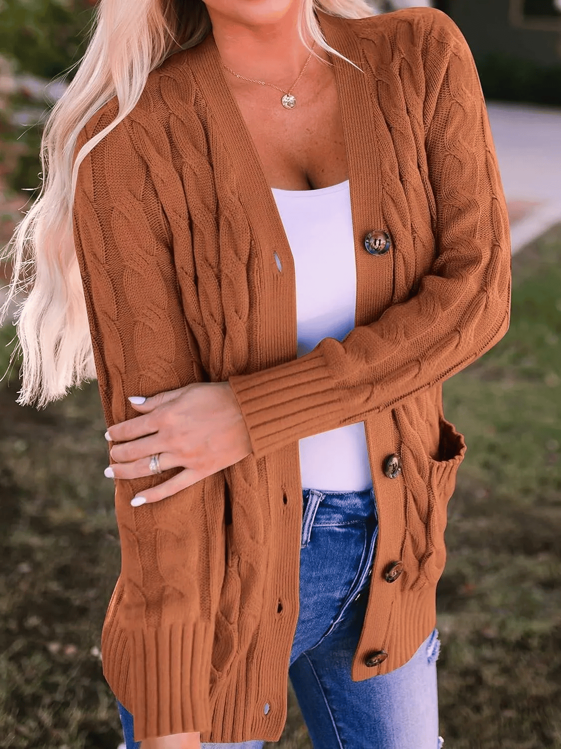 Velora – Chic Button Down Cardigan – Rust / S(4-6）