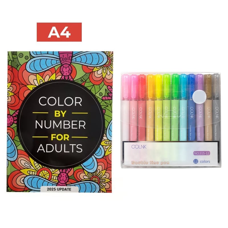QuietCanvas – Therapeutic Coloring Book for Adults – A4 + Outline Shimmer Markers (12 colors)