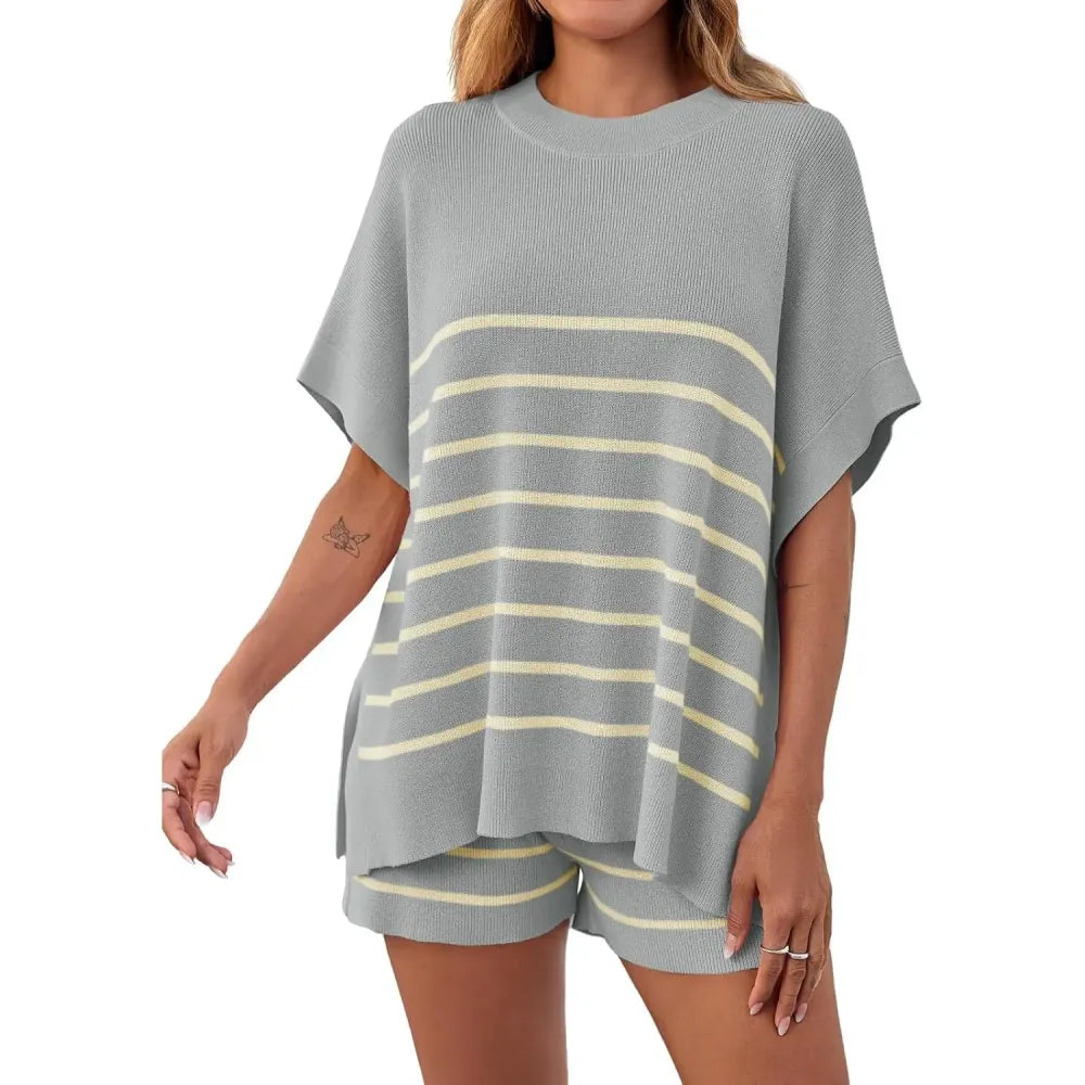 BellaVive – Chic Striped Loungewear Outfit Set – grey / XS
