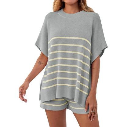BellaVive – Chic Striped Loungewear Outfit Set – grey / XS