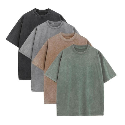 Oversoul – Relaxed Fit Acid Wash Tees – Black+Grey+Coffee+Green（4 Pieces，Each Piece Only $14.95） / S（88.0 lbs ~110.0 lbs ）