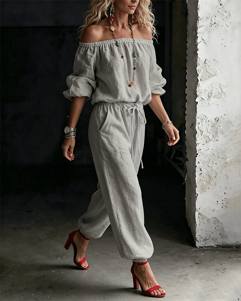 LuxeSilhouette – Off-Shoulder Tie Waist Jumpsuit – image 19