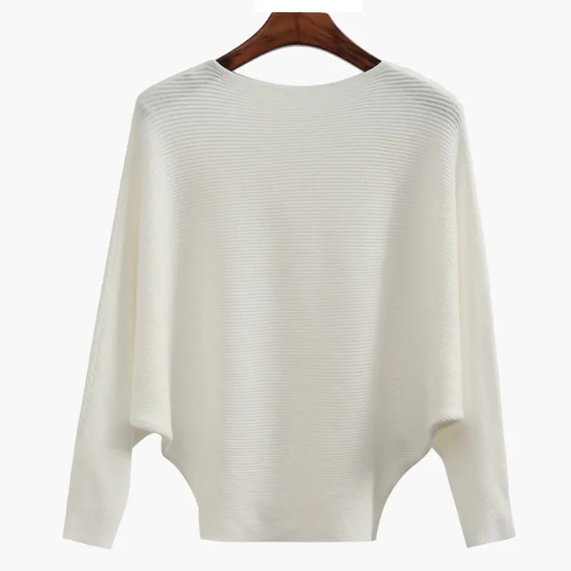 CozyWave – Women’s Boat Neck Bat Sleeve Knitted Sweater – White / One Size