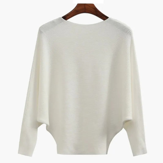 CozyWave – Women’s Boat Neck Bat Sleeve Knitted Sweater – White / One Size