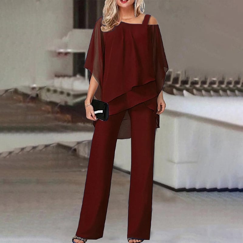 PureLuxe – Women’s Layered Chiffon Outfit Set – Burgundy / S