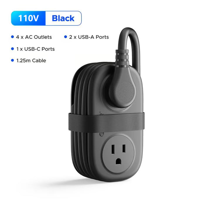 VoltPack – Compact 4-Outlet Power Strip for Travel – Black