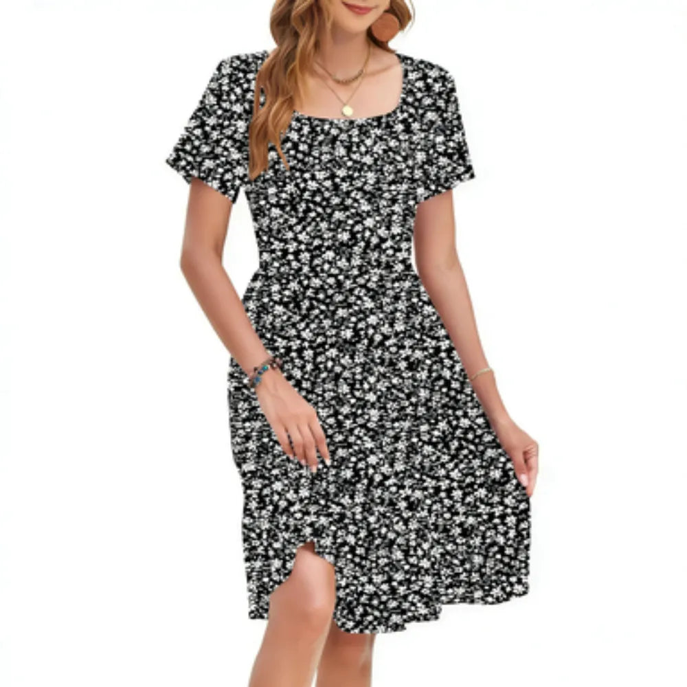 LunaFlora – Elegant Floral Sundress for Women – Black / XS