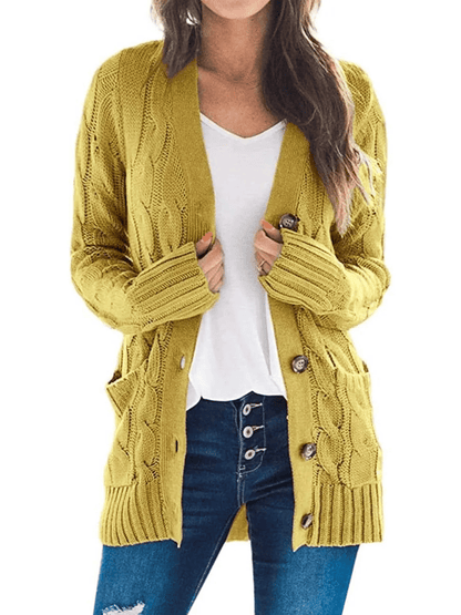 Velora – Chic Button Down Cardigan – Mustard / S(4-6）