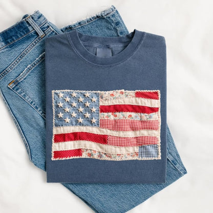RedWhiteRebel – Retro American Flag Patchwork Tee – Denim / S