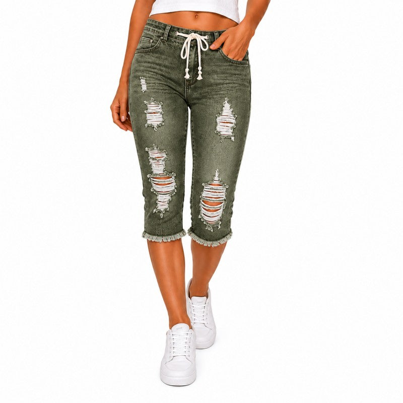 DenimBloom – High Waist Cropped Denim Jeans – Green / XS