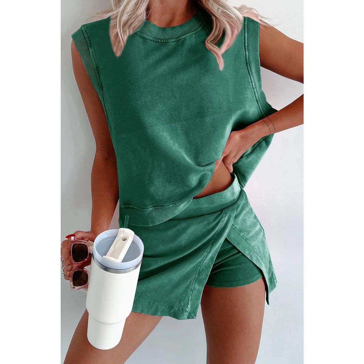 ChicEase – Women’s Summer 2-Piece Skort Set – Dark Green / S