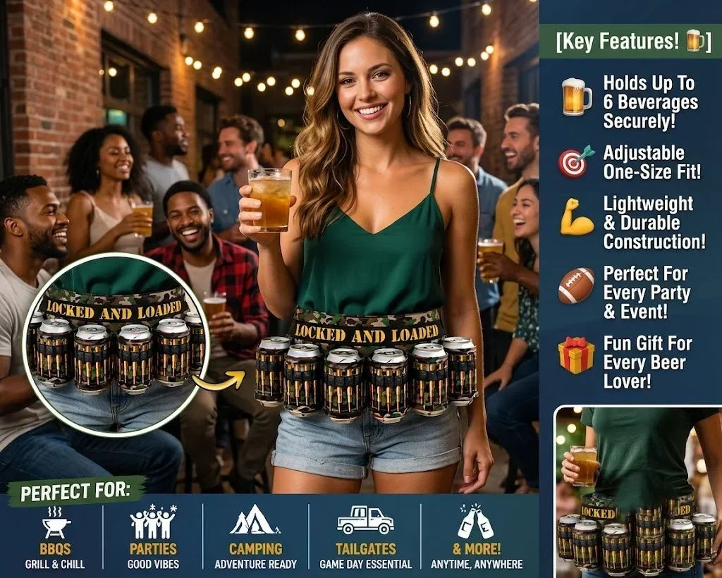 DrinkMate – Adjustable 6-Can Beverage Holster Belt – LOCKED AND LOADED