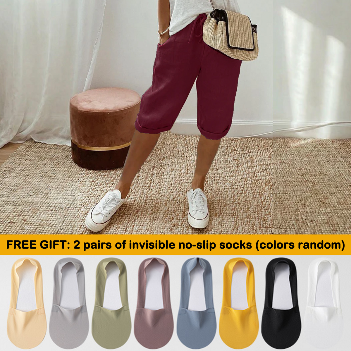 Florel – Breathable Drawstring Capris – Burgundy / M / 2 Pairs of summer invisible no-slip socks (colors random)