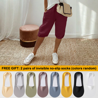 Florel – Breathable Drawstring Capris – Burgundy / M / 2 Pairs of summer invisible no-slip socks (colors random)