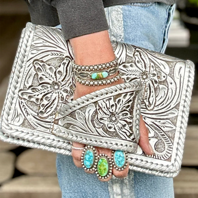 LuxeBlossom – Silver Flower Dance Western Style Clutch – image 8