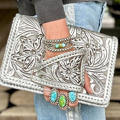 LuxeBlossom – Silver Flower Dance Western Style Clutch – image 8