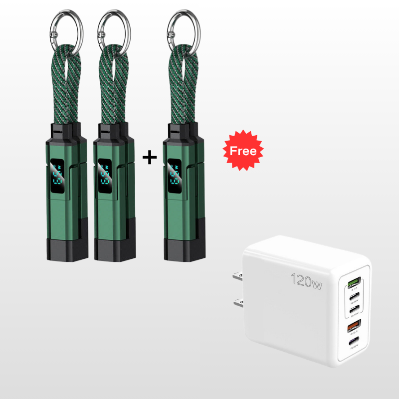 VoltFlex – Digital Display Fast Charge Cable – Green / 3 Pieces  Buy 2，Get 1 Free / 4-in-1 Charging Cable with Digital Display + Multi-Port Fast Charger