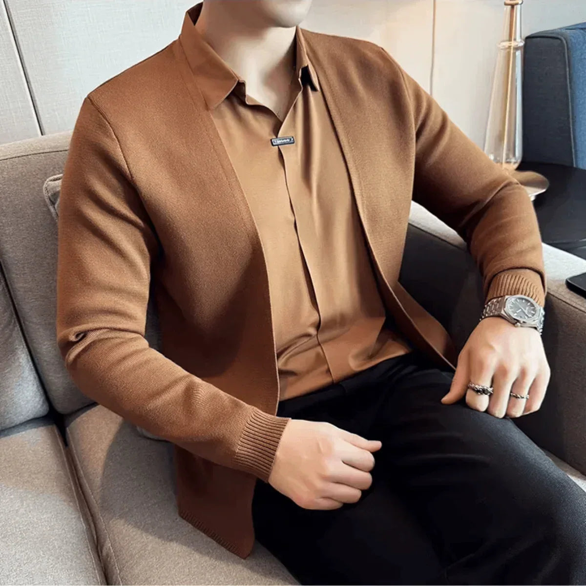 Layer™ – 2-in-1 Shirt with Cardigan Effect – Brown / XS