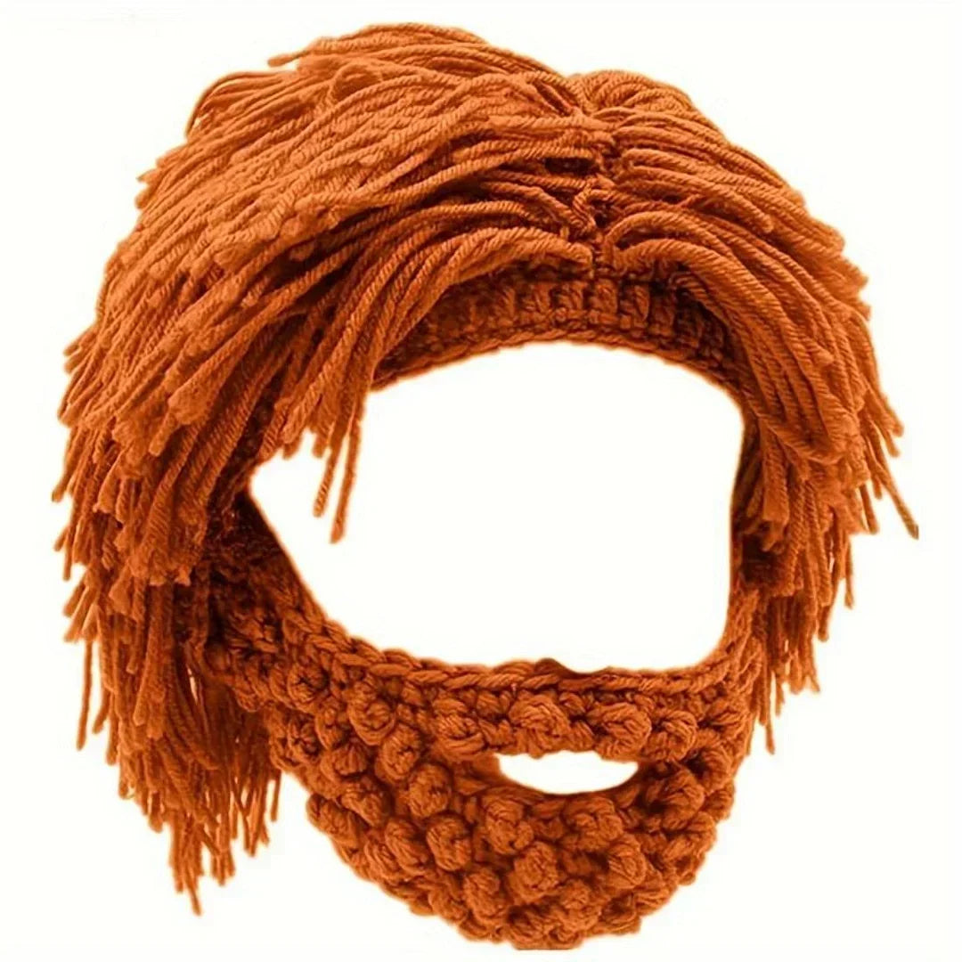 Acrylic Punk Style Beanie with Attached Straight Hair Wig and Knitted Beard – Orange