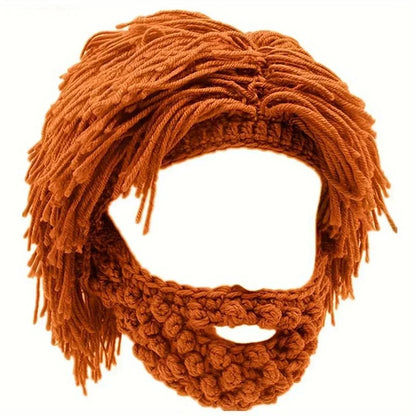 Acrylic Punk Style Beanie with Attached Straight Hair Wig and Knitted Beard – Orange