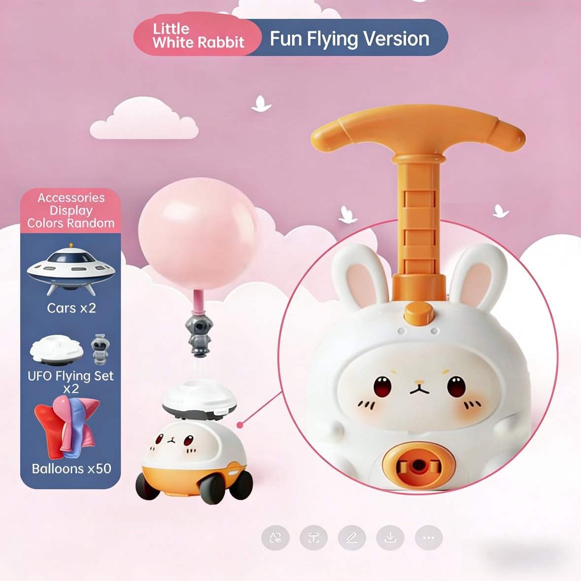 BalloonBoom – Fun Outdoor Launcher Toy Set – 2 White Rabbit Cars+2 UFO Flying Sets+50 Balloons