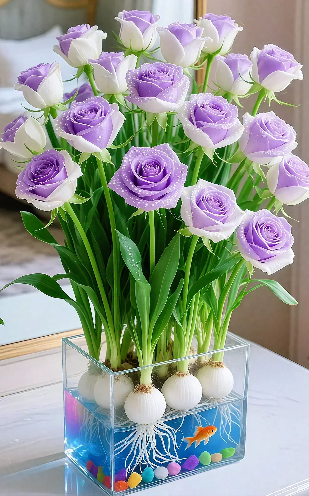 Hydroponic Roses – Bloom Without Soil! – Bicolor Purple & White / 6 Bulbs (Buy 4 Free 2)