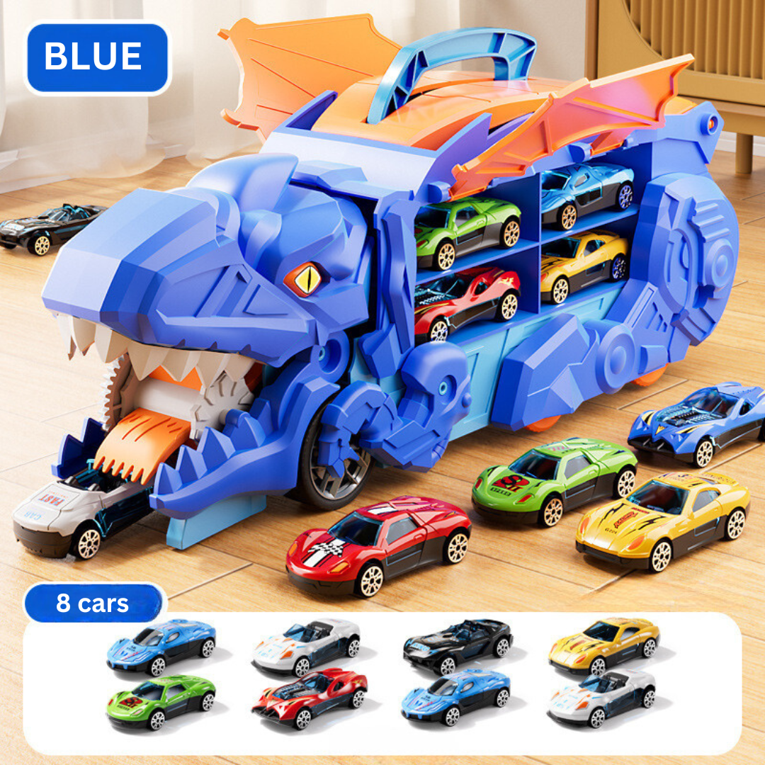 RaptorRace – Dino Car Swallowing Truck Set – Blue (8 Cars)