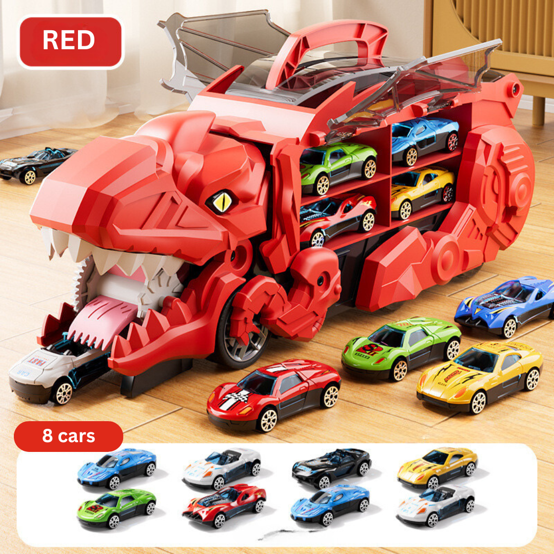 RaptorRace – Dino Car Swallowing Truck Set – Red (8 Cars)
