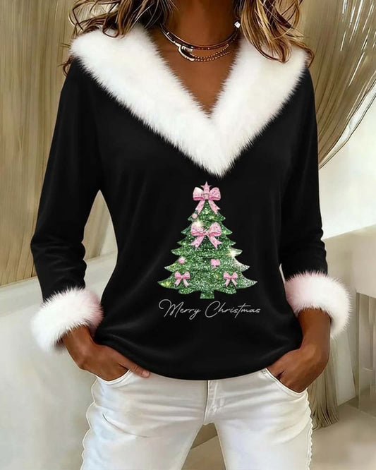 FrostLuxe – Large Fur Collar Christmas Print Top – Black / M