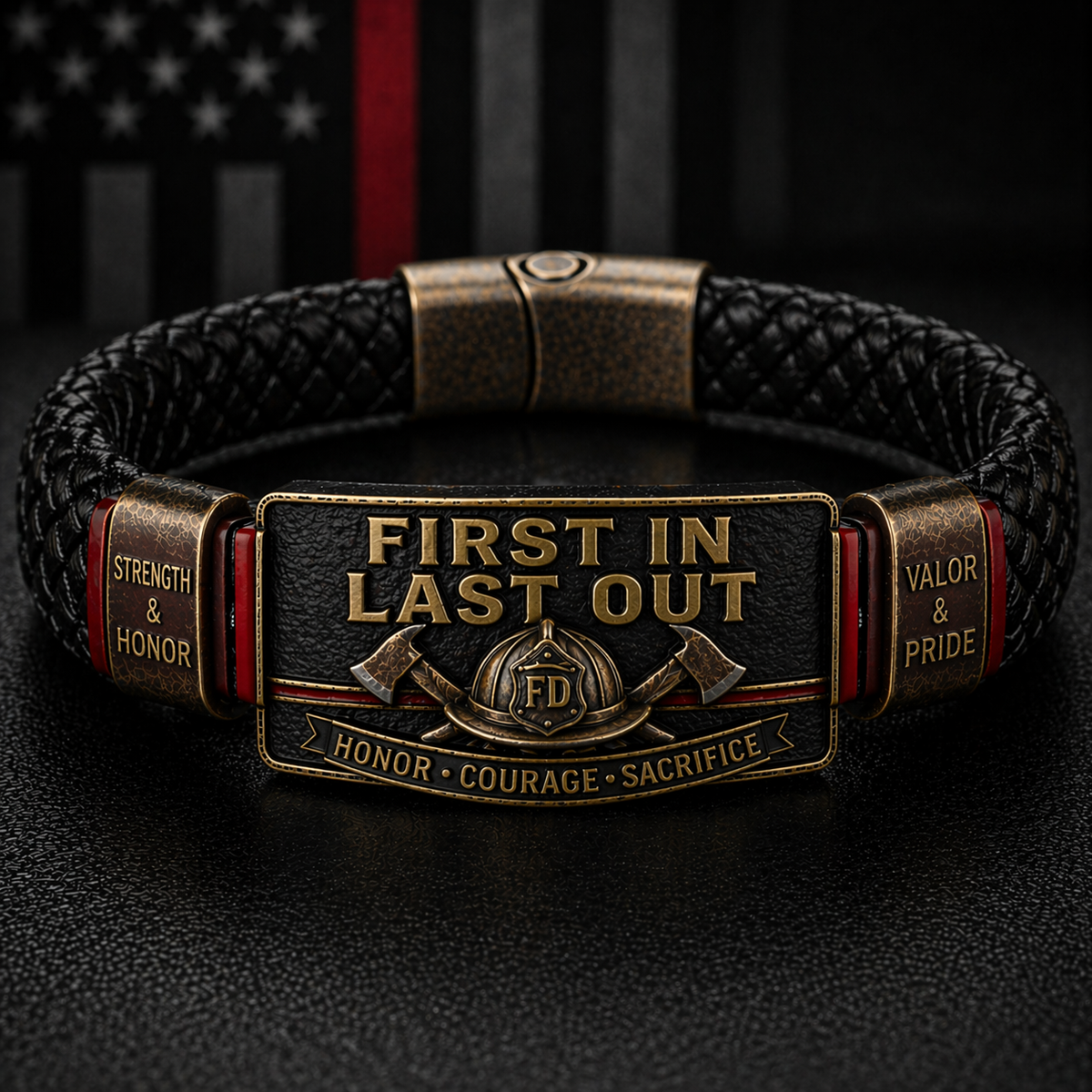 RedLineValor – Firefighter Pride Wristband – First In • Last Out
