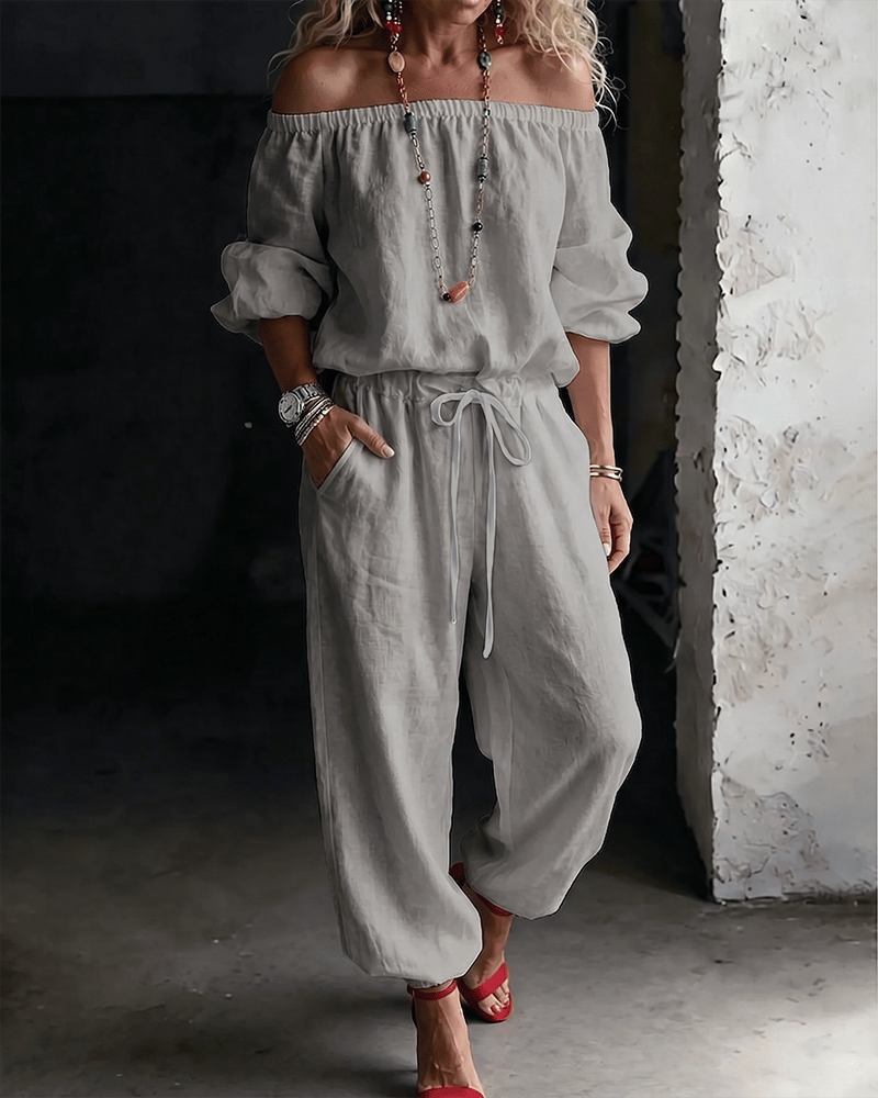 LuxeSilhouette – Off-Shoulder Tie Waist Jumpsuit – Gray / S