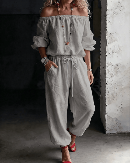 LuxeSilhouette – Off-Shoulder Tie Waist Jumpsuit – Gray / S