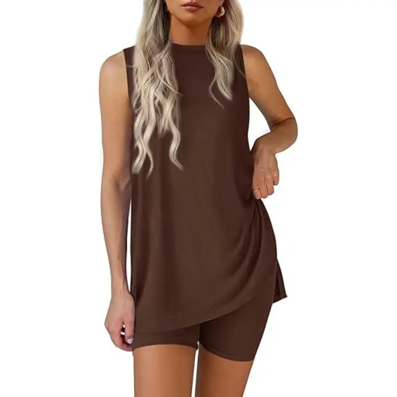 RelaxFit – Casual Split Hem Lounge Shorts Set – Coffee / S