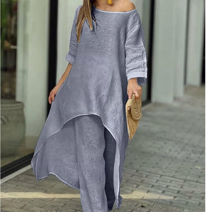 LunaFit – Women's Solid Color Linen Casual Suit – Grey / S