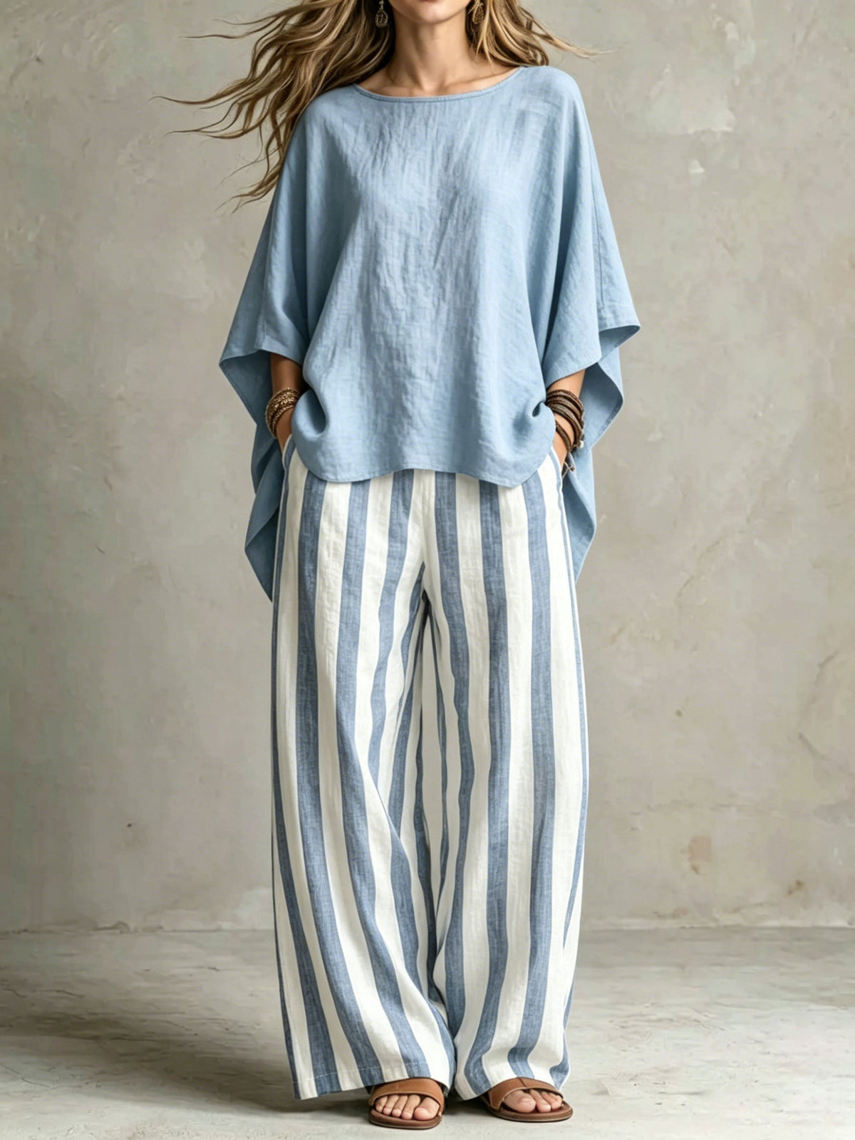 LinenLuxe – Women’s Striped Linen Set with Wide-Leg Trousers – Light Blue / M