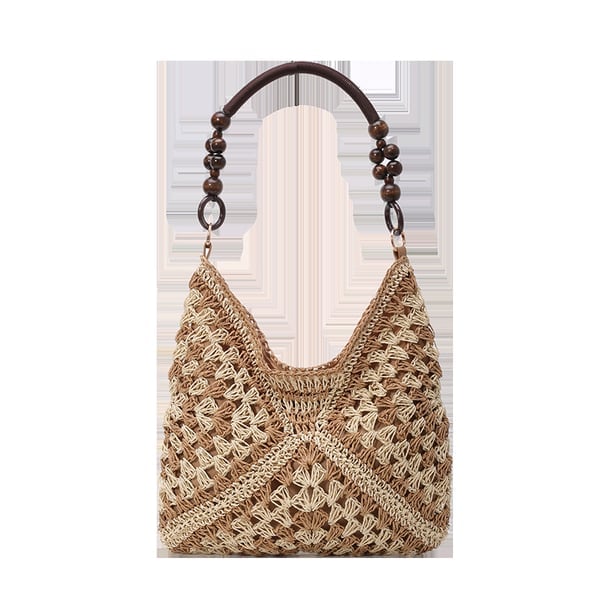 PalmAura - Straw Shoulder Bag – Beige with Khaki