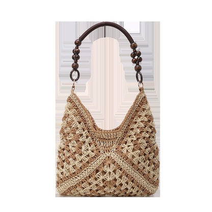 PalmAura - Straw Shoulder Bag – Beige with Khaki
