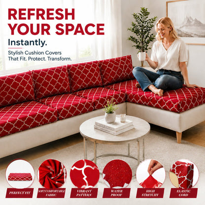 PatioLuxe – Stretch Seat Cushion Cover – Red Geometric / Buy 1 Set (4 pcs)