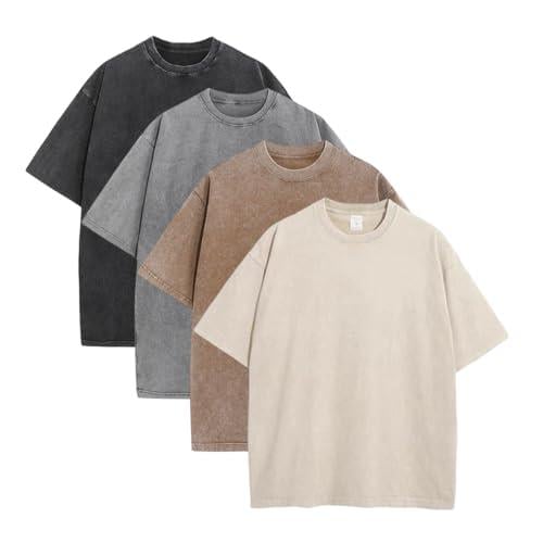 Oversoul – Relaxed Fit Acid Wash Tees – Black+Grey+Coffee+Apricot（4 Pieces，Each Piece Only $14.95） / S（88.0 lbs ~110.0 lbs ）