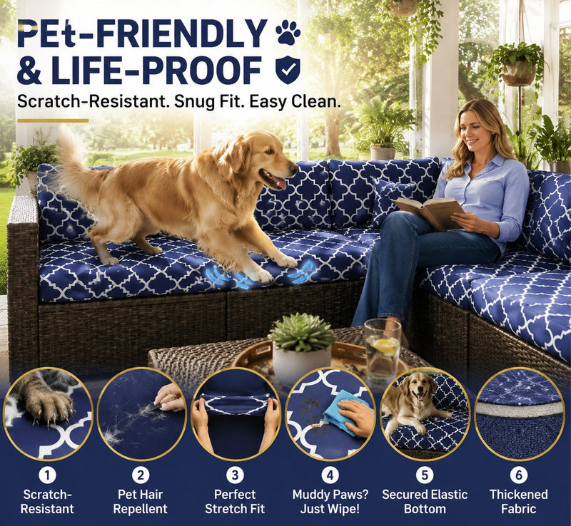 PatioLuxe – Stretch Seat Cushion Cover – Navy Geometric / Buy 1 Set (4 pcs)