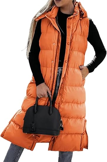 QuiltChic – Women's Long Puffer Vest with Hood – Orange / S