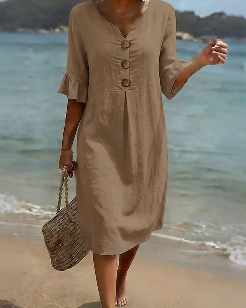 CottonCharm – Button Ruffle Sleeve Dress – Khaki / US14(2XL)