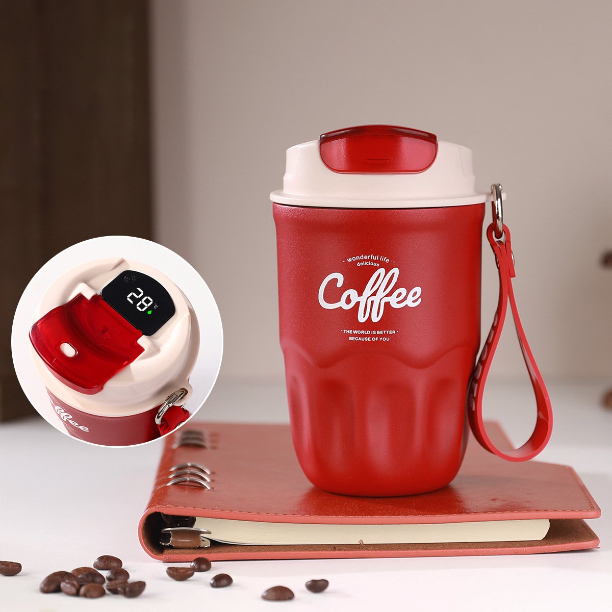 SipGuard – Portable Temperature Lock Coffee Flask – Red / Smart temperature display