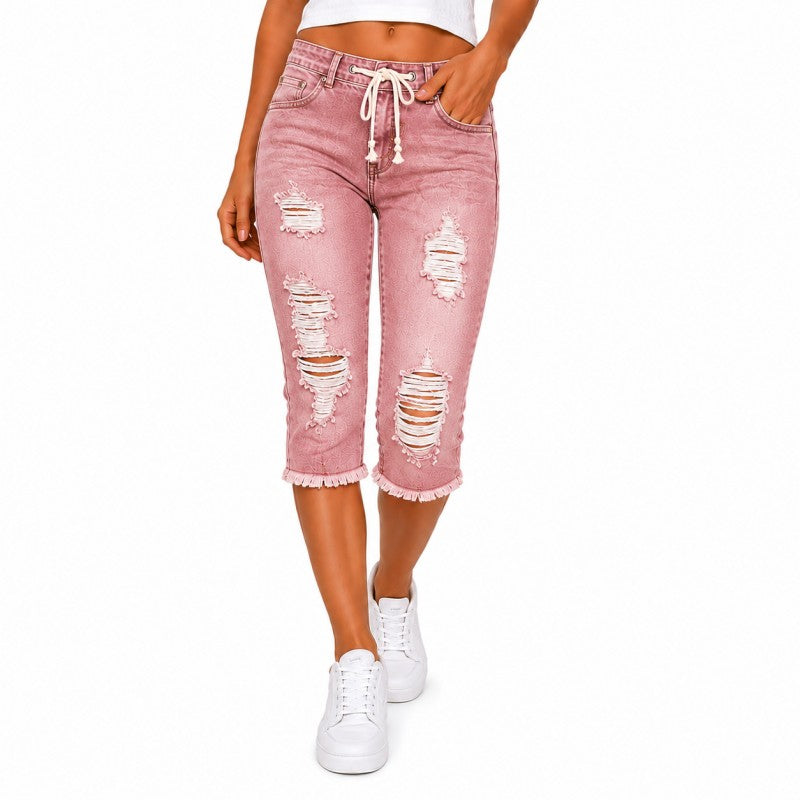 DenimBloom – High Waist Cropped Denim Jeans – Pink / XS