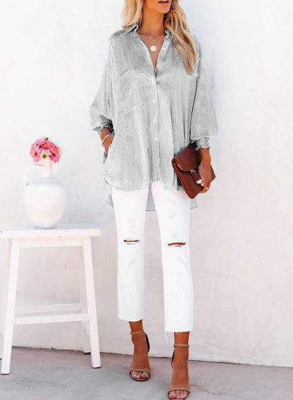2026 ItemWomen's pleated cuffs striped shirt with pockets and casual collar – image 25