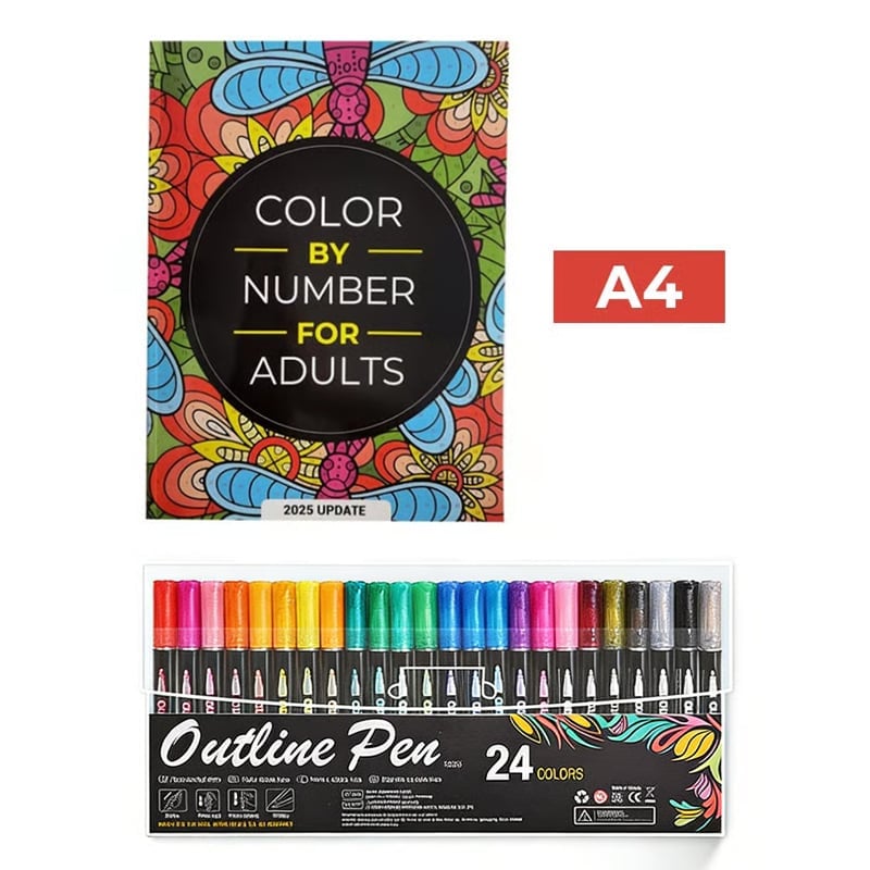 QuietCanvas – Therapeutic Coloring Book for Adults – A4 + Outline Shimmer Markers (24 colors)