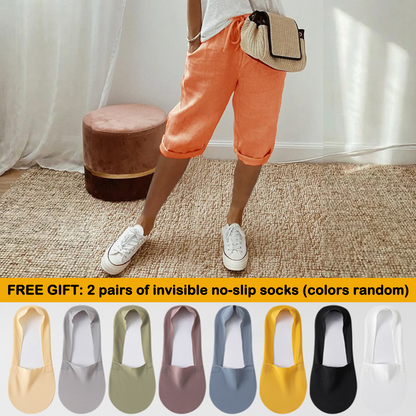 Florel – Breathable Drawstring Capris – Orange-red / M / 2 Pairs of summer invisible no-slip socks (colors random)